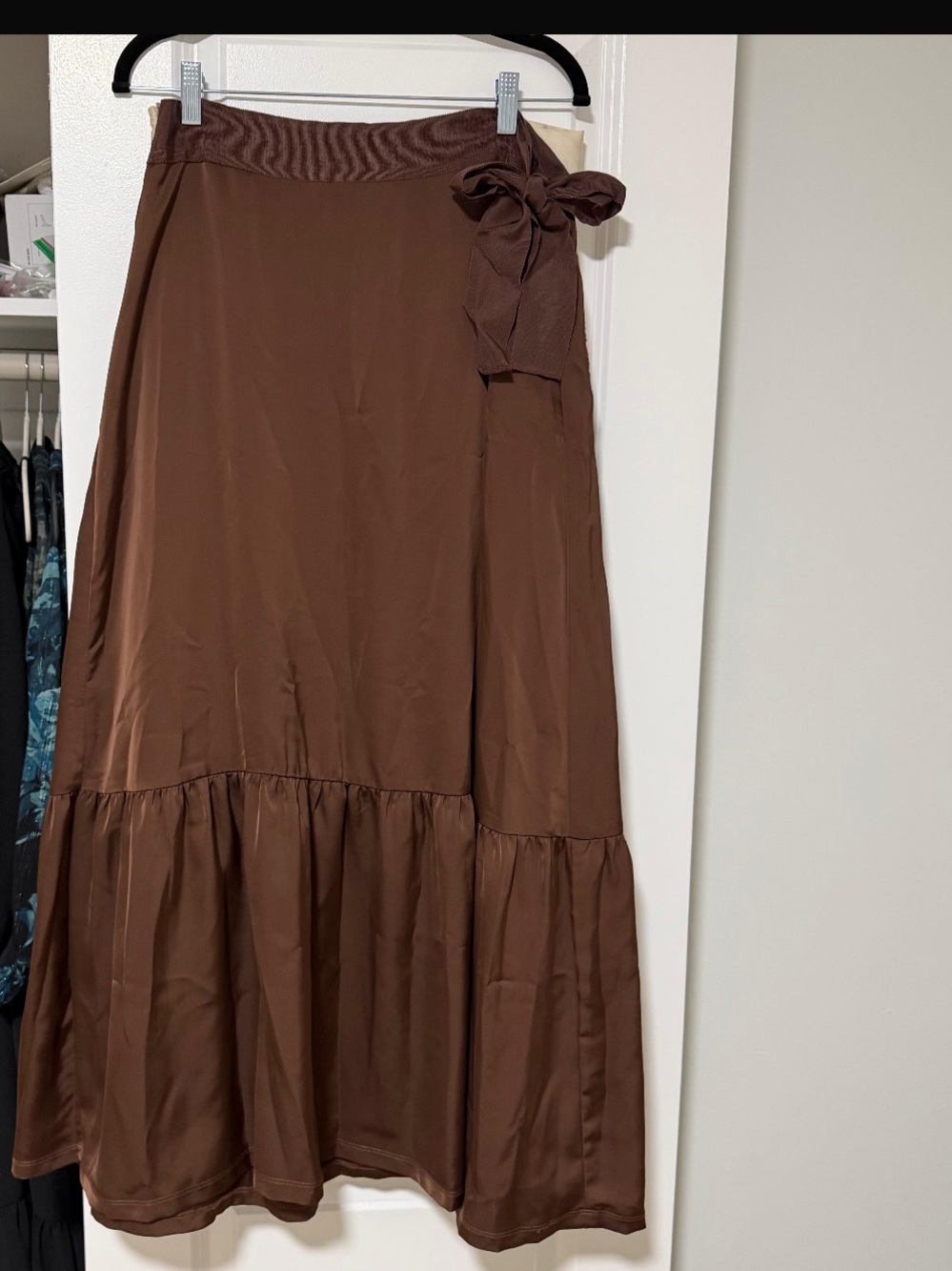 Satin brown maxi wrap skirt